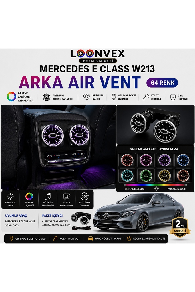 [LNV-AV-014] Premium Mercedes E Class W213 Arka Air Vent 64 Renk Ambiyans Aydınlatmalı Havalandırma Seti