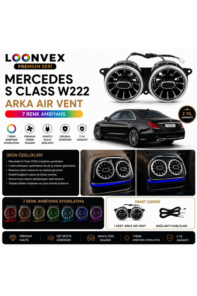 [LNV-AV-039] Premium Mercedes S Class W222 Arka Air Vent 7 Renk Ambiyans Aydınlatmalı Set