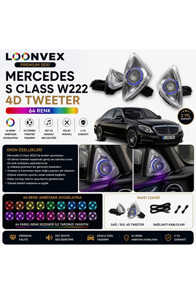 [LNV-AV-038] Premium Mercedes S Class W222 4D Tweeter 64 Renk Ambiyans Aydınlatmalı Set
