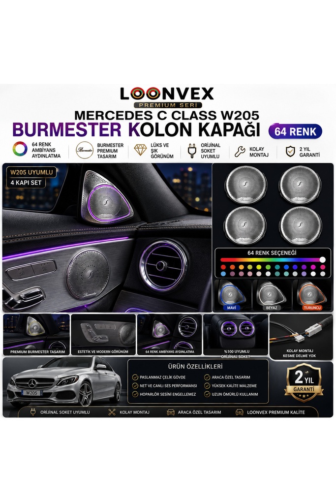 [LNV-AV-010] Premium Mercedes C Class W205 Burmester Kolon Kapağı 64 Renk Ambiyans Aydınlatmalı Set