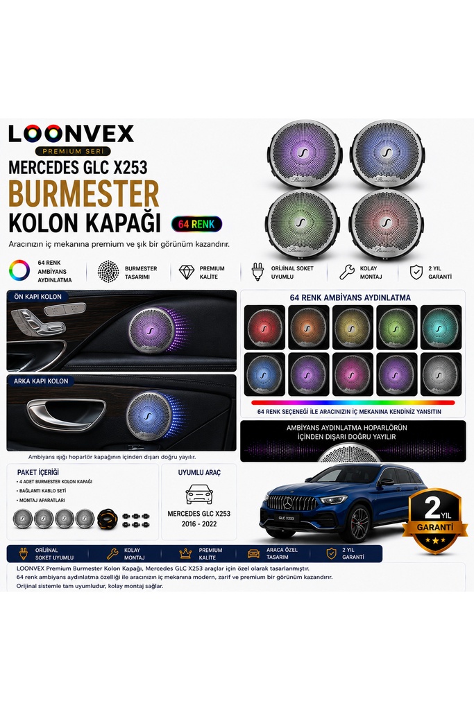 Premium Mercedes GLC X253 Burmester Kolon Kapağı 64 Renk Ambiyans Aydınlatmalı Set