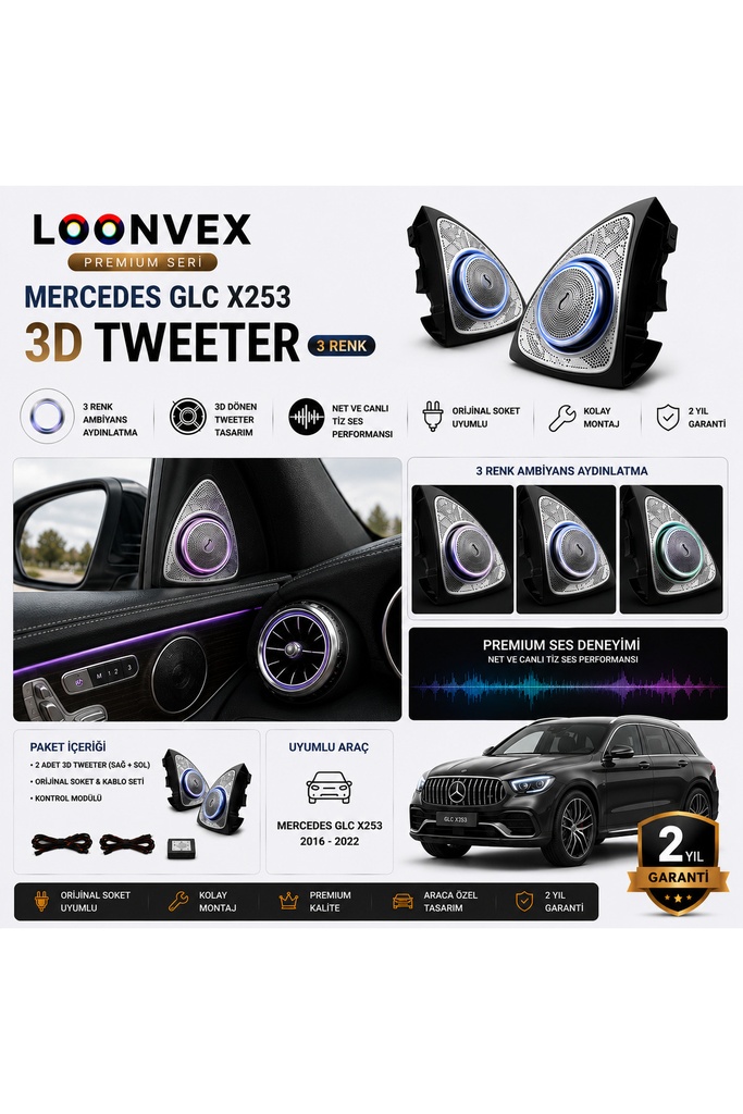 [LNV-AV-023] Premium Mercedes GLC X253 3D Tweeter 3 Renk Premium Hoparlör Seti