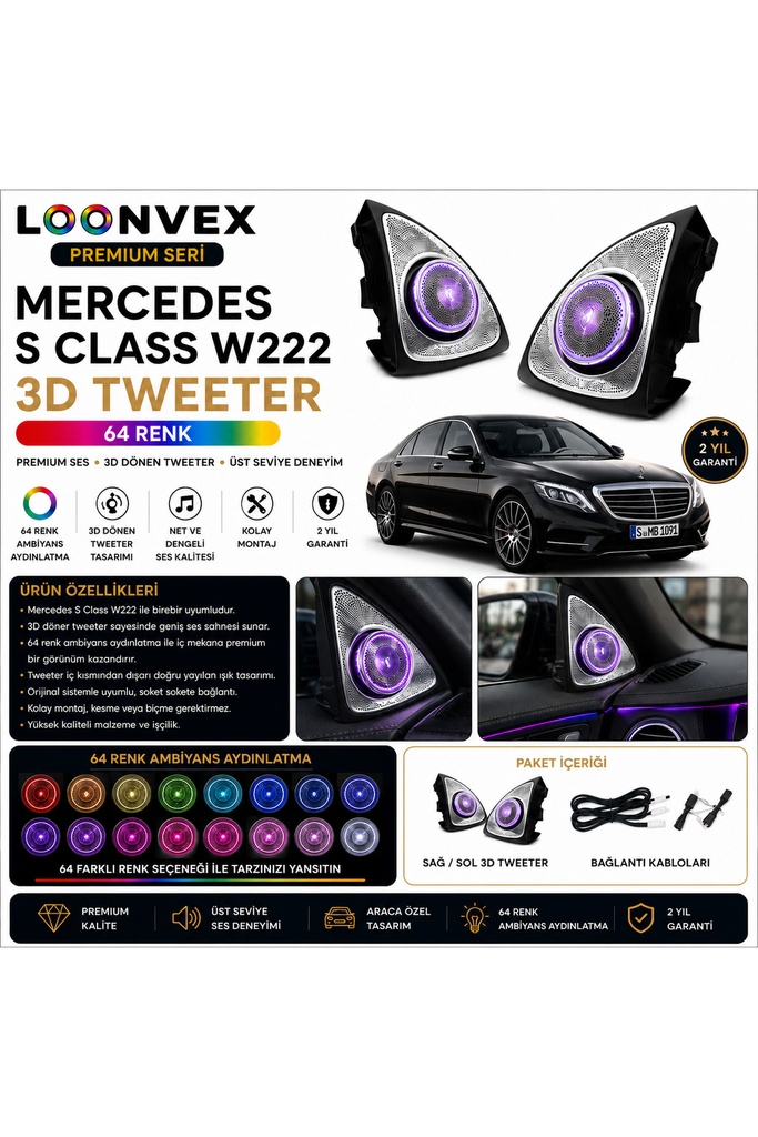 Premium Mercedes S Class W222 3D Tweeter 64 Renk Ambiyans Aydınlatmalı Set