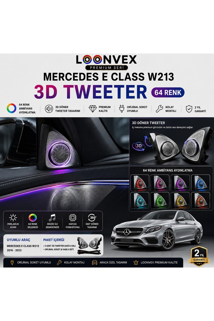 Premium Mercedes E Class W213 3D Tweeter 64 Renk Ambiyans Aydınlatmalı Set