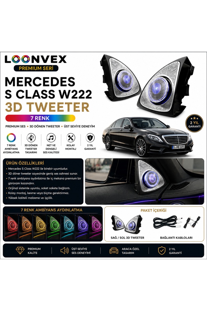 [LNV-AV-036] Premium Mercedes S Class W222 3D Tweeter 7 Renk Ambiyans Aydınlatmalı Set