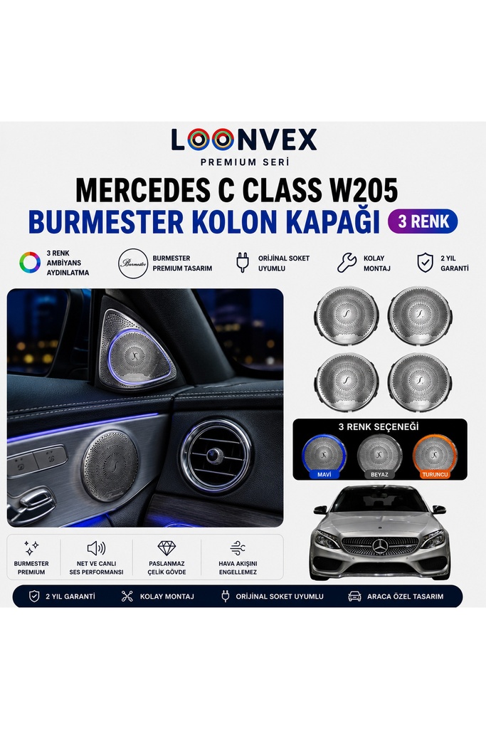 [LNV-AV-009] Premium Mercedes C Class W205 Burmester Kolon Kapağı 3 Renk Ambiyans Aydınlatmalı Set