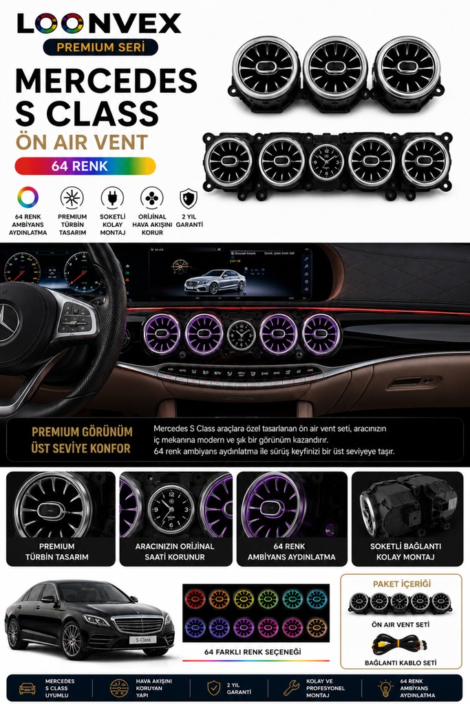 [LNV-AV-035] Premium Mercedes S Class Ön Air Vent 64 Renk Ambiyans Aydınlatmalı Set