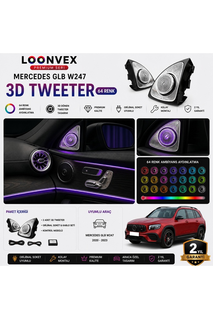 [LNV-AV-020] Premium Mercedes GLB W247 3D Tweeter 64 Renk Ambiyans Aydınlatmalı Set