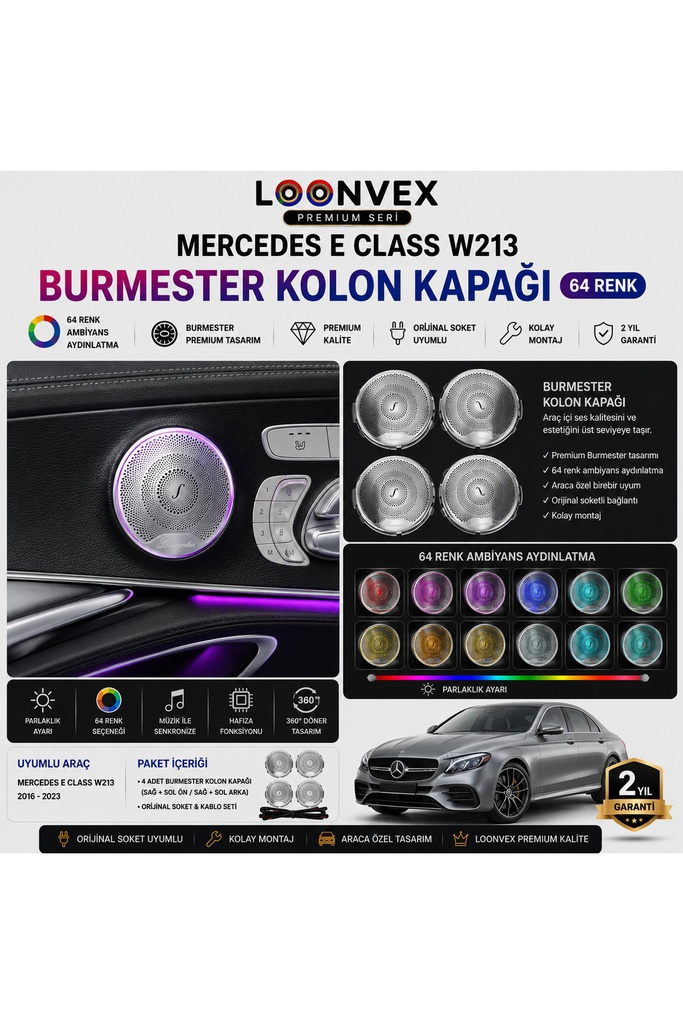 [LNV-AV-015] Premium Mercedes E Class W213 Burmester Kolon Kapağı 64 Renk Ambiyans Aydınlatmalı Set