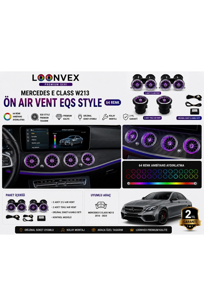 [LNV-AV-017] Premium Mercedes E Class W213 Ön Air Vent EQS Style 64 Renk Ambiyans Aydınlatmalı Set