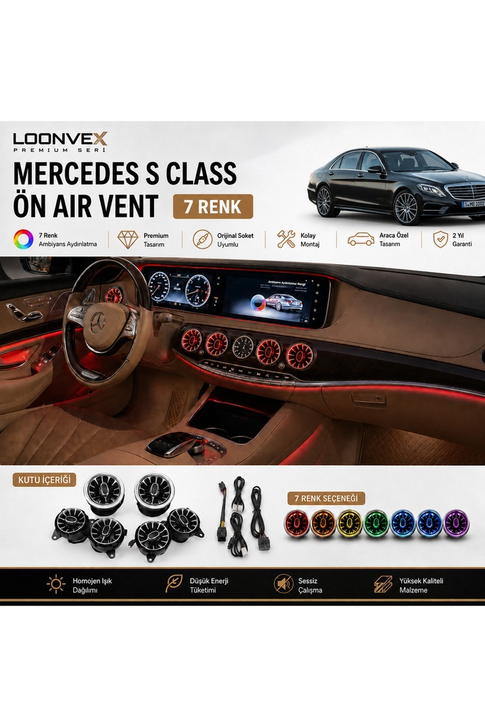 [LNV-AV-034] Premium Mercedes S Class Ön Air Vent 7 Renk Ambiyans Aydınlatmalı Set