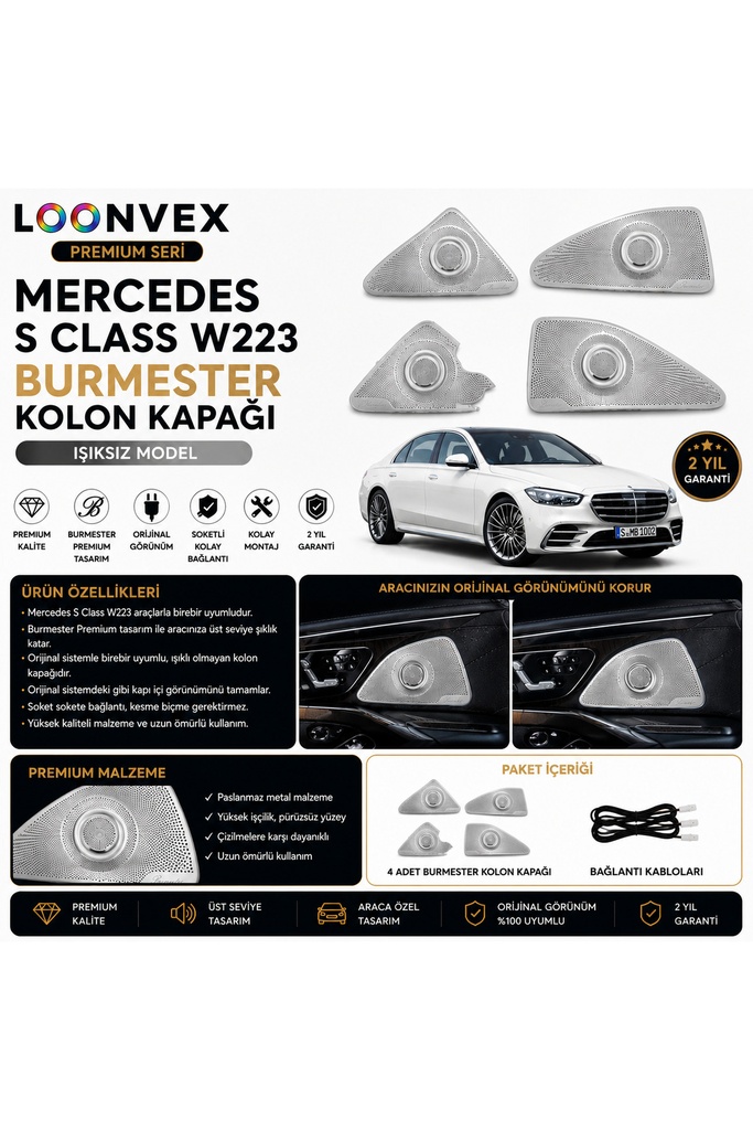 [LNV-AV-042] Premium Mercedes S Class W223 Burmester Kolon Kapağı Işıksız 4 Parça Set
