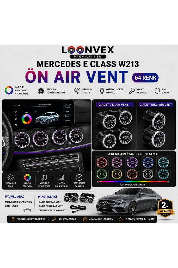 [LNV-AV-016] Premium Mercedes E Class W213 Ön Air Vent 64 Renk Ambiyans Aydınlatmalı Set