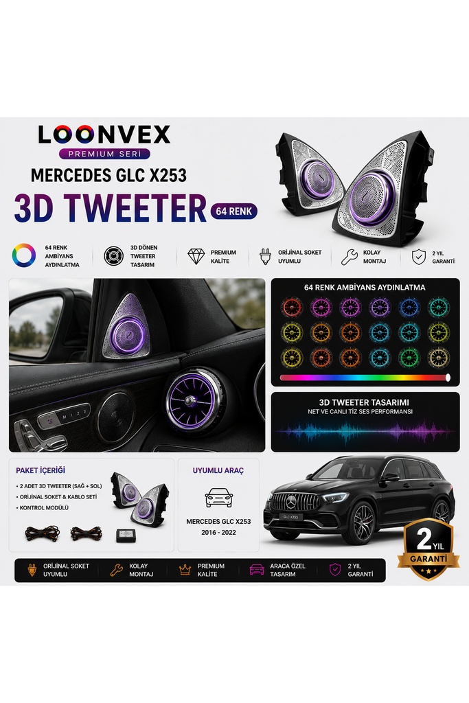 [LNV-AV-024] Premium Mercedes GLC X253 3D Tweeter 64 Renk Ambiyans Aydınlatmalı Set