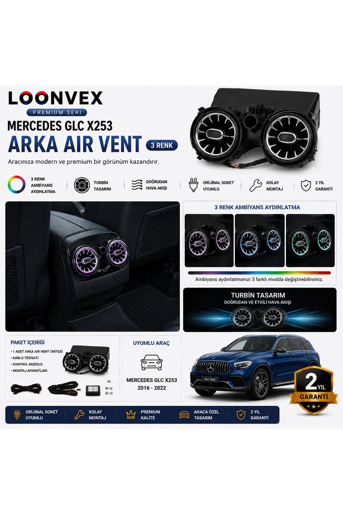 [LNV-AV-026] Premium Mercedes GLC X253 Arka Air Vent 3 Renk Ambiyans Aydınlatmalı Set
