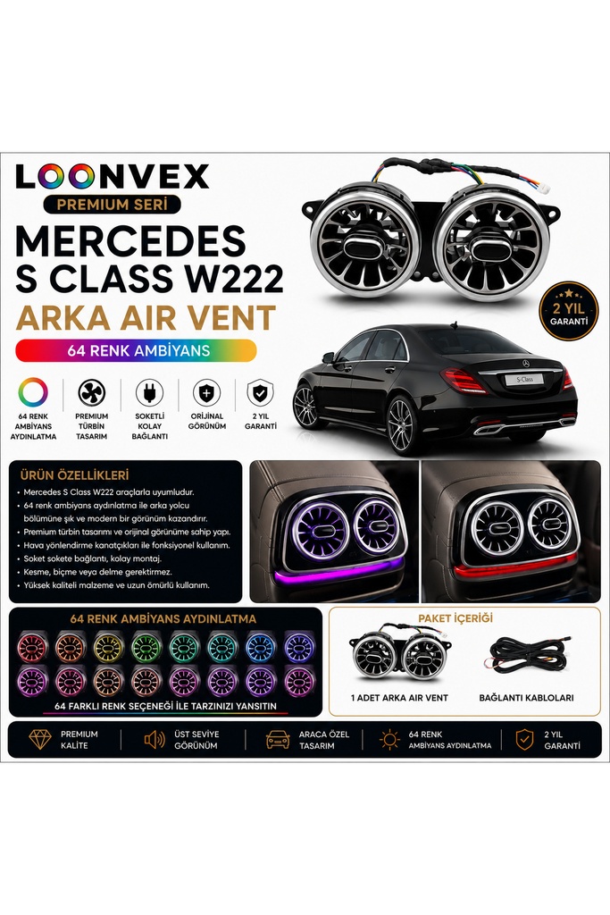 [LNV-AV-040] Premium Mercedes S Class W222 Arka Air Vent 64 Renk Ambiyans Aydınlatmalı Set