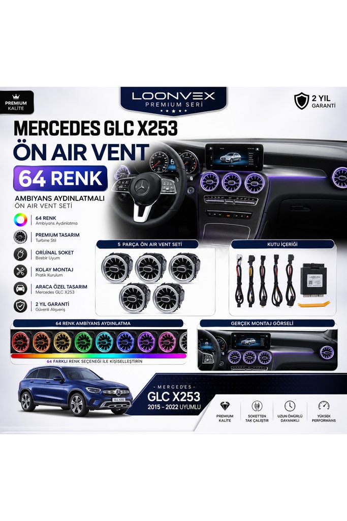 [LNV-AV-032] Premium Mercedes GLC X253 Ön Air Vent 64 Renk Ambiyans Aydınlatmalı 5 Parça Set
