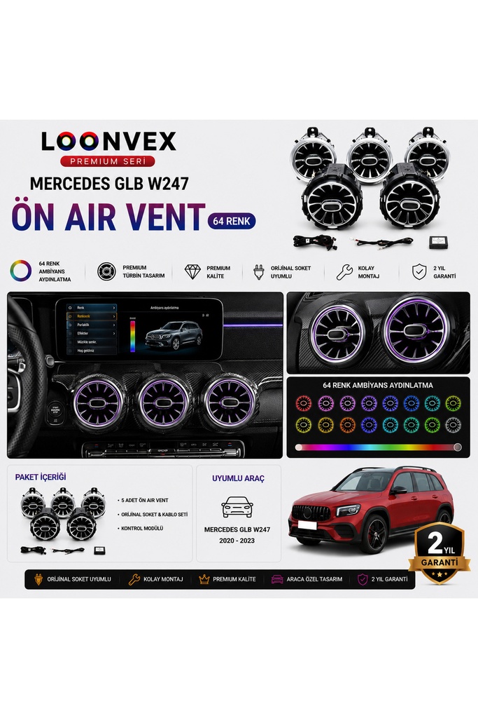 [LNV-AV-022] Premium Mercedes GLB W247 Ön Air Vent 64 Renk Ambiyans Aydınlatmalı 5 Parça Set