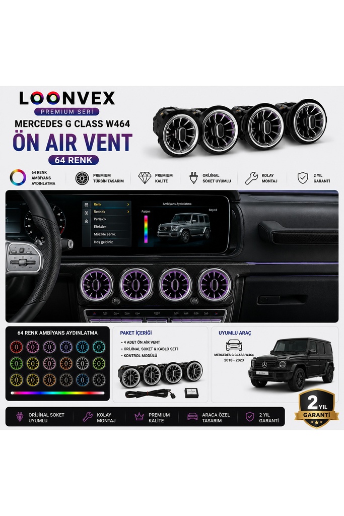 [LNV-AV-019] Premium Mercedes G Class W464 Ön Air Vent 64 Renk Ambiyans Aydınlatmalı Set