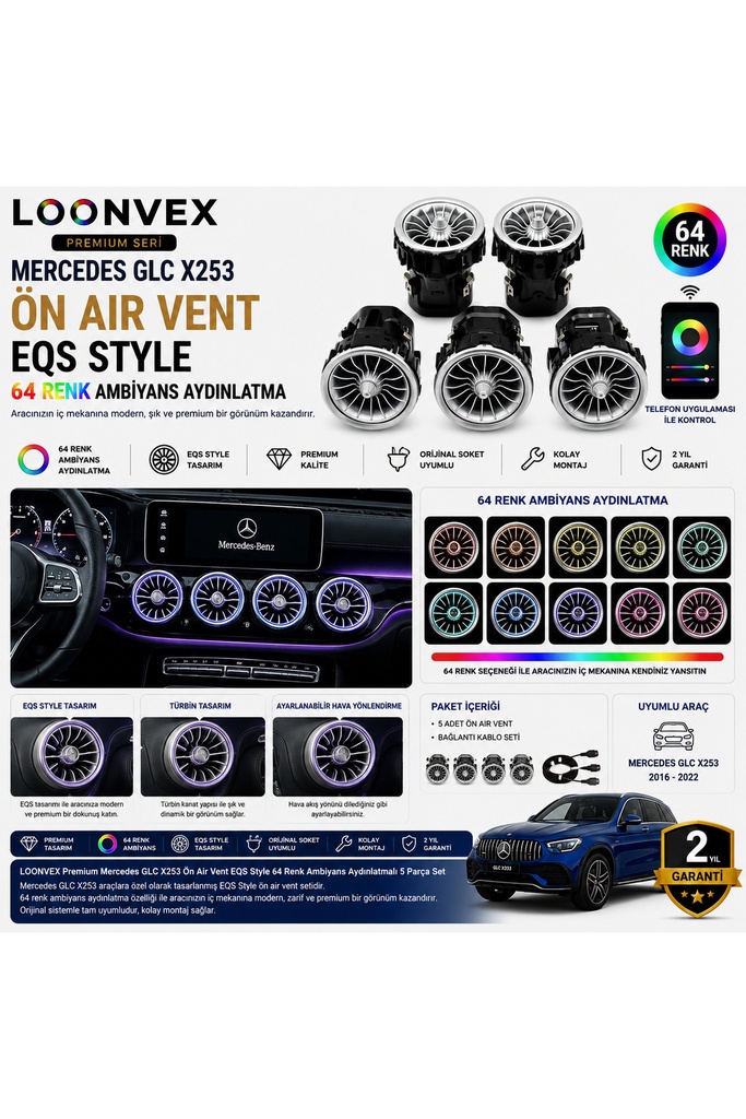 [LNV-AV-033] Premium Mercedes GLC X253 Ön Air Vent EQS Style 64 Renk Ambiyans Aydınlatmalı