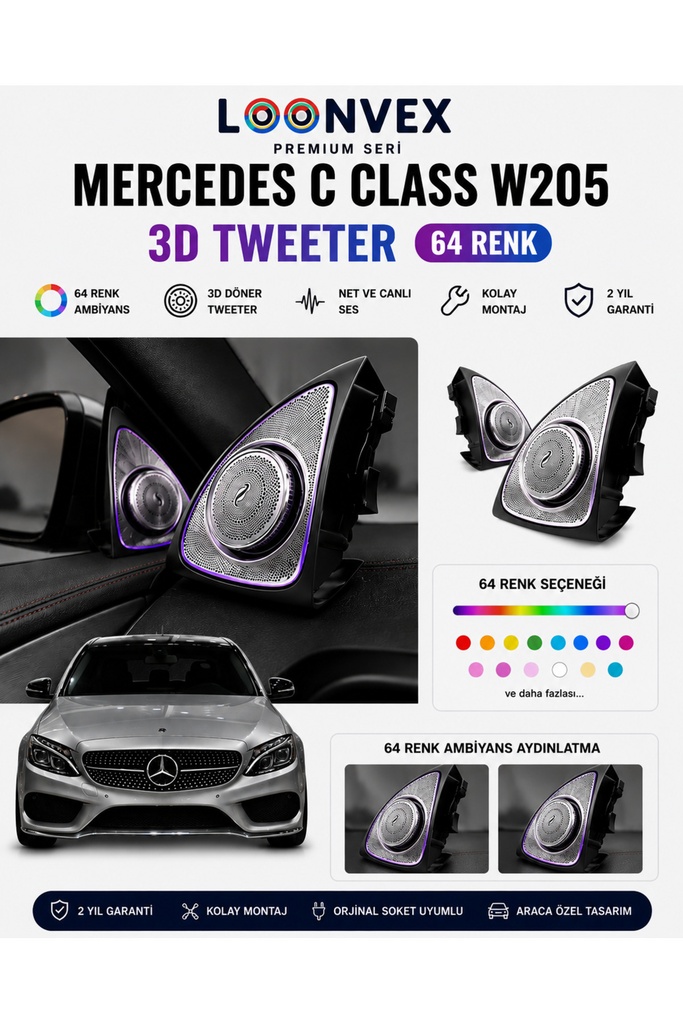 [LNV-AV-003] Premium Mercedes C Class W205 3D Tweeter 64 Renk Ambiyans Aydınlatmalı Hoparlör Seti