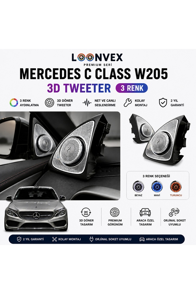 [LNV-AV-002] Premium Mercedes C Class W205 3D Tweeter 3 Renk Aydınlatmalı Hoparlör Seti