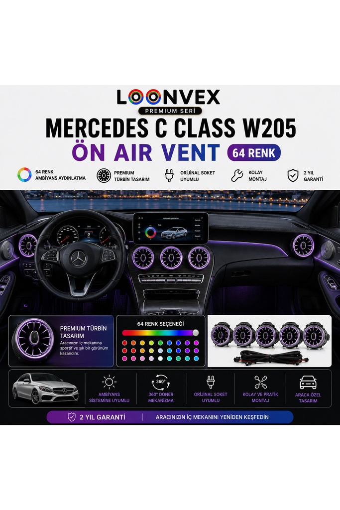 [LNV-AV-001] Premium Mercedes C Class W205 Ön Air Vent 64 Renk Ambiyans Aydınlatmalı Havalandırma Seti