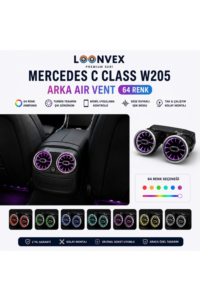 [LNV-AV-007] Premium Mercedes C Class W205 Arka Air Vent 64 Renk Ambiyans Aydınlatmalı Havalandırma