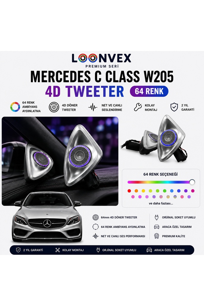 [LNV-AV-005] Premium Mercedes C Class W205 4D Tweeter 64 Renk Ambiyans Aydınlatmalı Hoparlör Seti