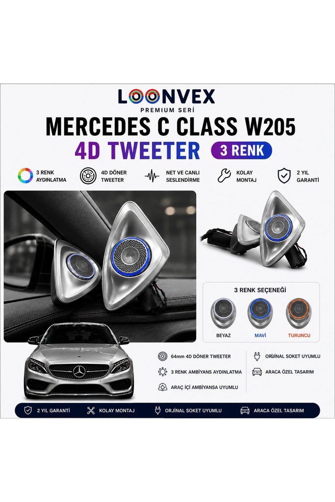 [LNV-AV-004] Premium Mercedes C Class W205 4D Tweeter 3 Renk Ambiyans Aydınlatmalı Hoparlör Seti