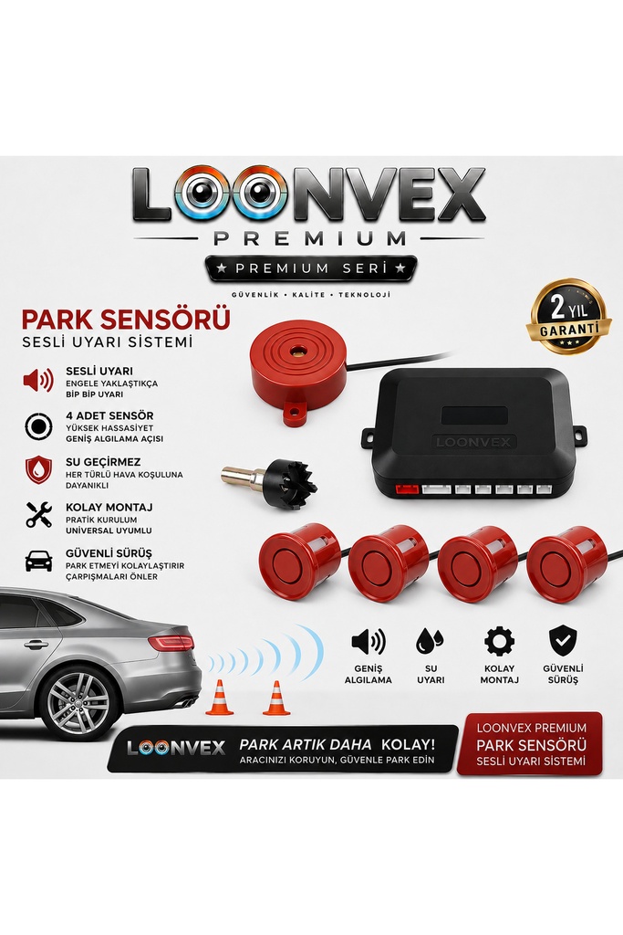 [LXP101] Premium Universal 4 Sensörlü Sesli Park Sensörü – Kırmızı