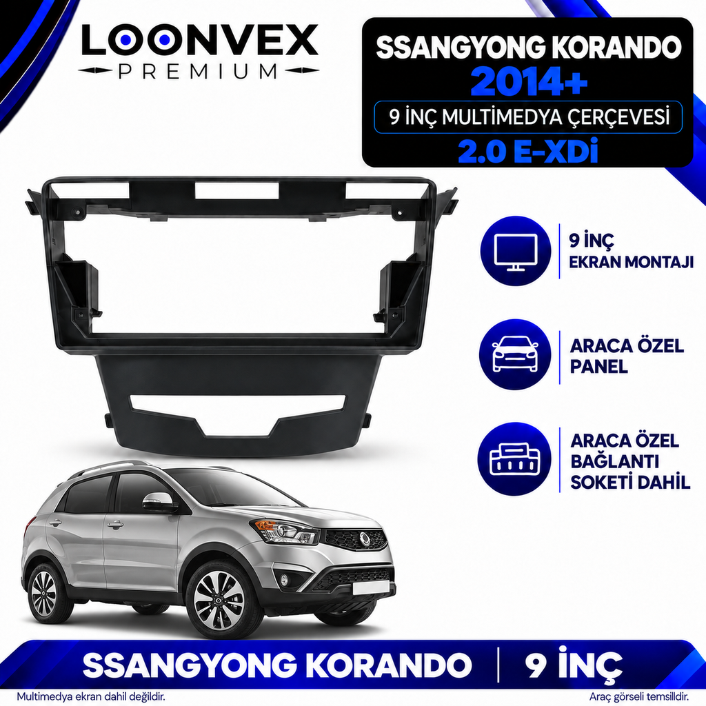 LOONVEX SsangYong Korando 2014 ve sonrası 9 İnç Multimedya Çerçeve + Soket Seti — 2.0 e-XDi