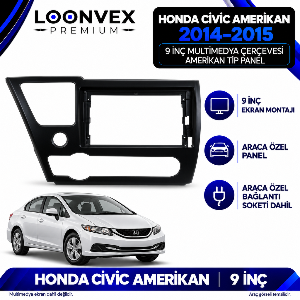LOONVEX Honda Civic Amerikan 2014–2015 9 İnç Multimedya Çerçeve + Soket Seti — Amerikan tip panel