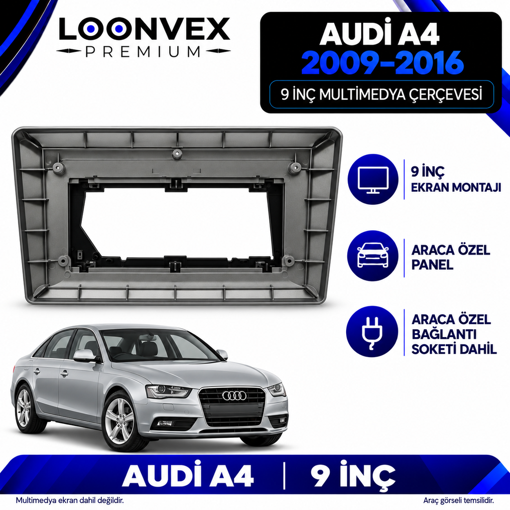 [LNV-CER-AVG-SA-2104] LOONVEX Audi A4 2009–2016 9 İnç Multimedya Çerçeve + Soket Seti