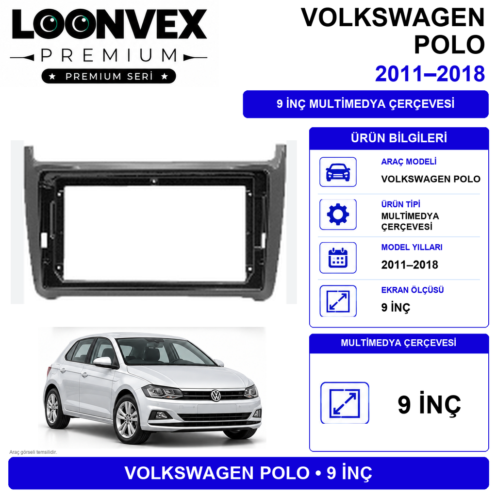 LOONVEX Volkswagen Polo 2011–2018 9 İnç Multimedya Çerçeve + Soket Seti