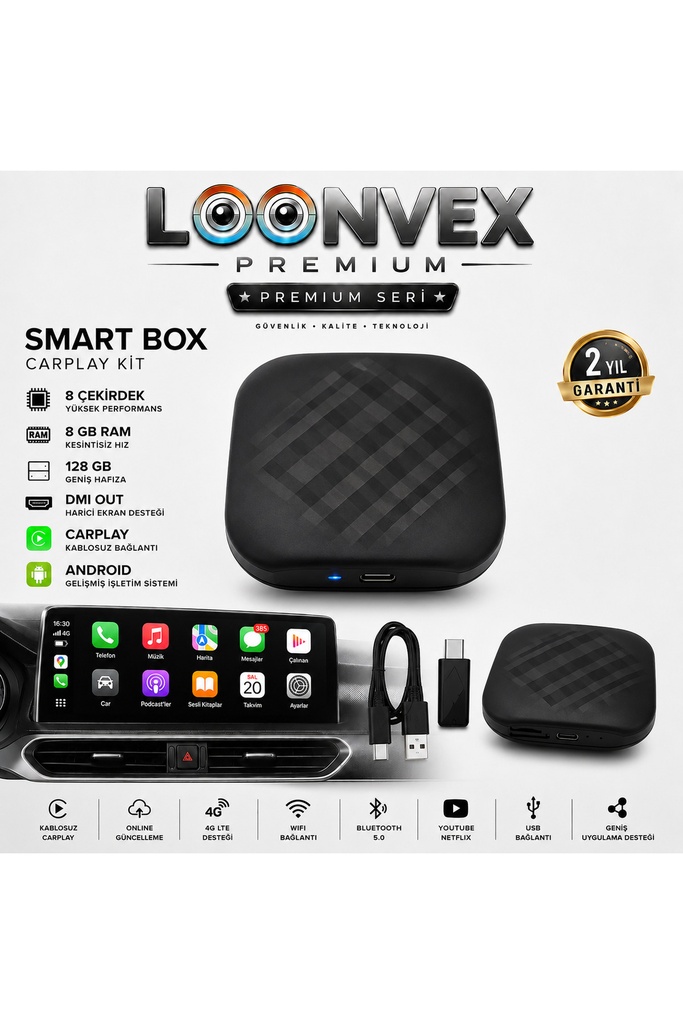 [LX8642] PREMIUM SMART BOX CarPlay Kiti | 8 Çekirdek | 8GB RAM | 128GB Hafıza | HDMI OUT | Android Sistem
