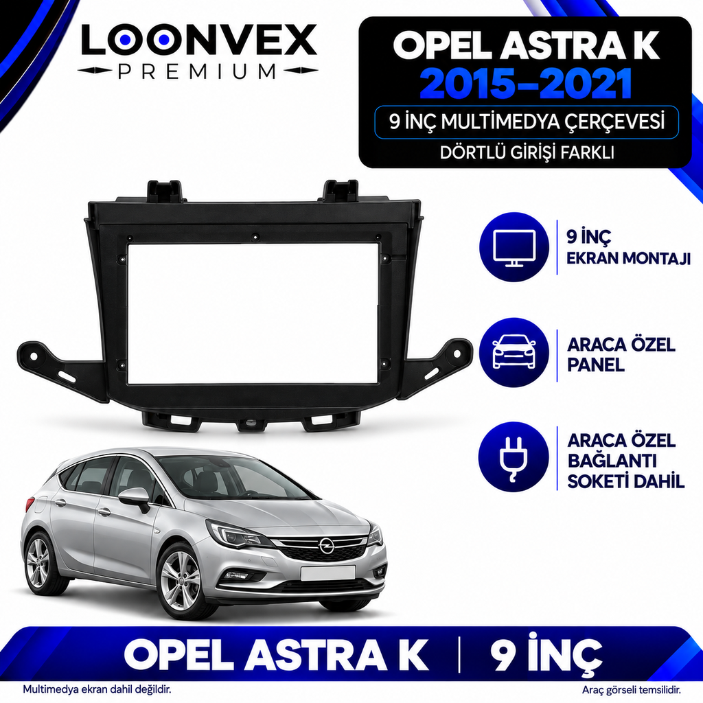[LNV-CER-AVG-SA-2712] LOONVEX Opel Astra K 2015–2021 9 İnç Multimedya Çerçeve + Soket Seti — Dörtlü girişi farklı