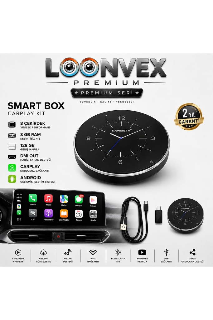 [LX8641] PREMIUM SMART BOX CarPlay Kiti | 8 Çekirdek | 8GB RAM | 128GB Hafıza | HDMI OUT | Android Sistem