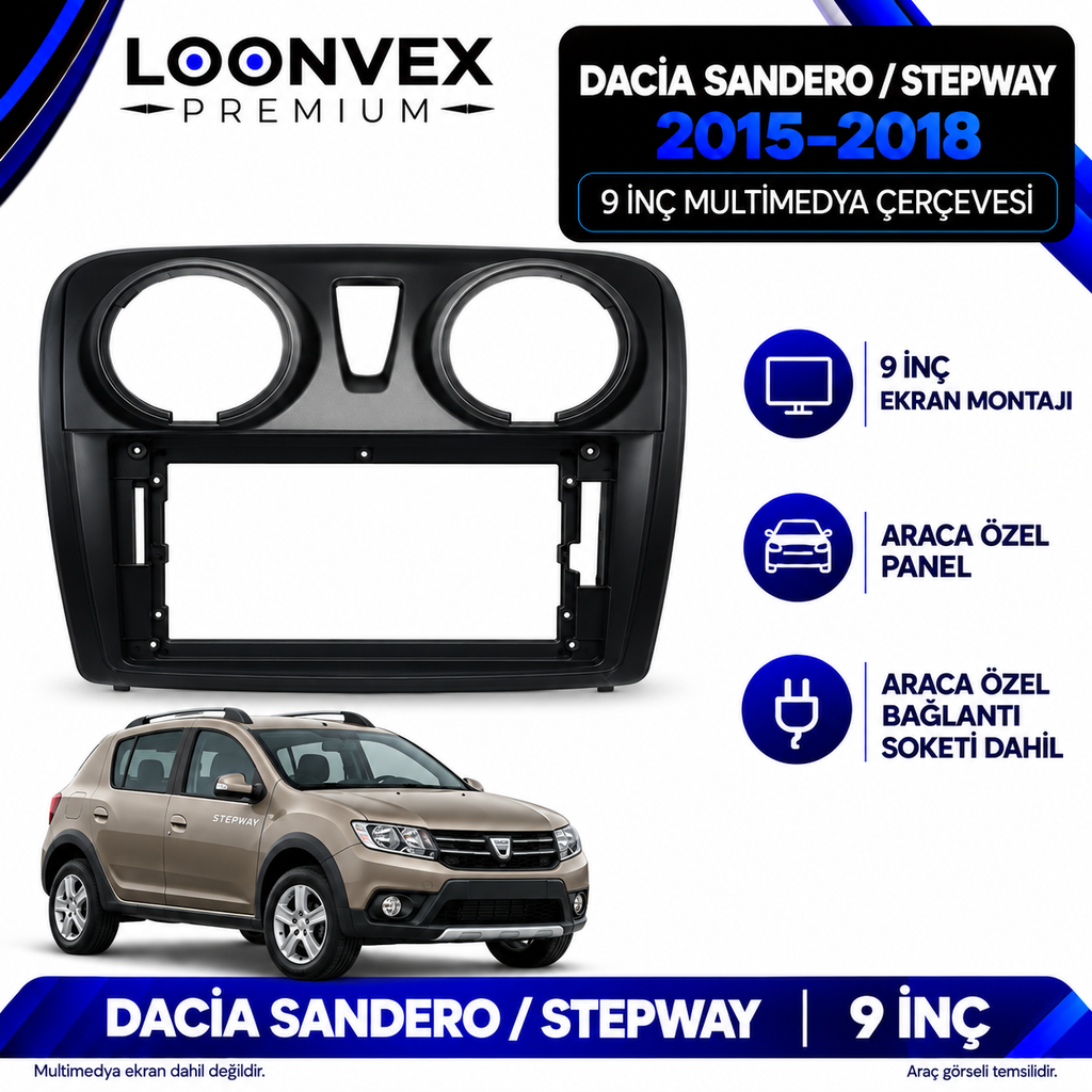 [LNV-CER-AVG-SA-2805] LOONVEX Dacia Sandero ve Stepway 2015–2018 9 İnç Multimedya Çerçeve + Soket Seti