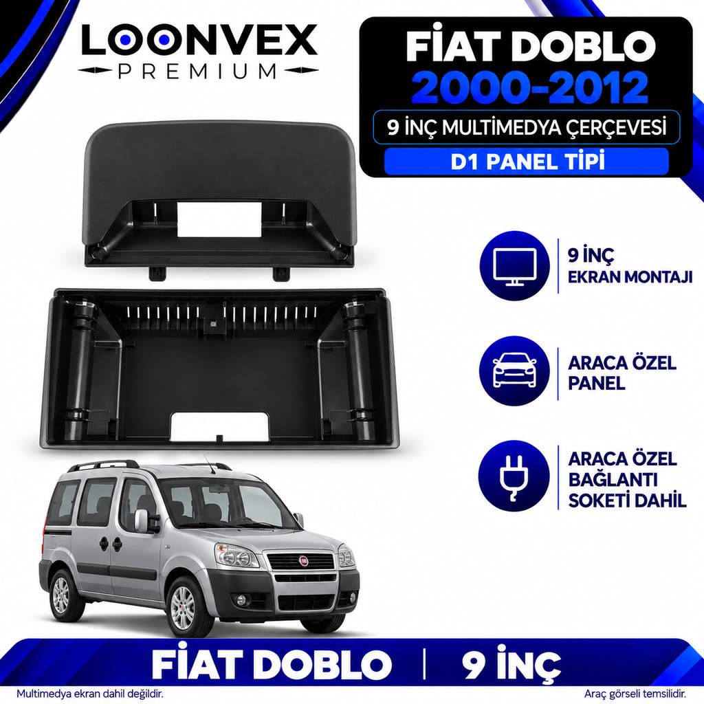 LOONVEX Fiat Doblo 2000–2012 9 İnç Multimedya Çerçeve + Soket Seti — D1 panel tipi