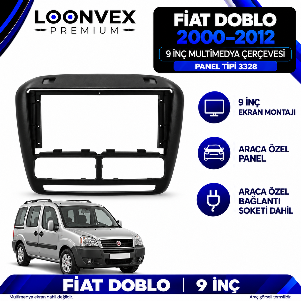 [LNV-CER-AVG-SA-3328] LOONVEX Fiat Doblo 2000–2012 9 İnç Multimedya Çerçeve + Soket Seti — Panel tipi 3328