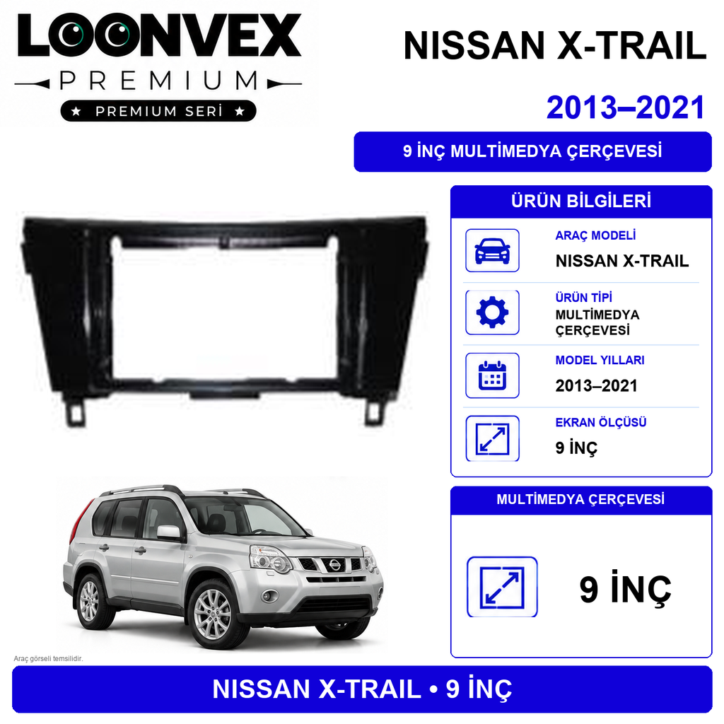 [LNV-CER-0636] LOONVEX Nissan Qashqai ve X Trail 2013–2021 9 İnç Multimedya Çerçeve + Soket Seti — Universal panel tipi