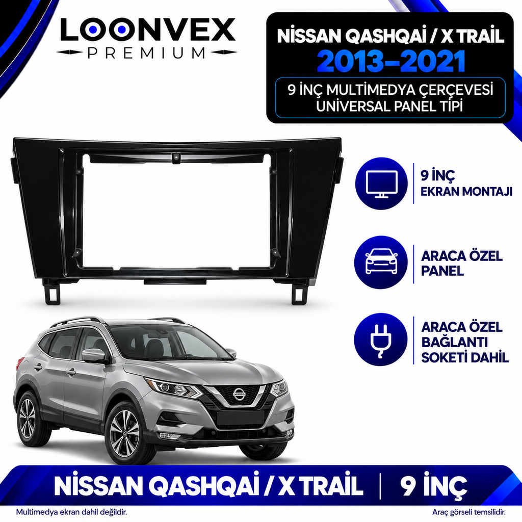 [LNV-CER-AVG-SA-3511] LOONVEX Nissan Qashqai ve X Trail 2013–2021 9 İnç Multimedya Çerçeve + Soket Seti — Universal panel tipi