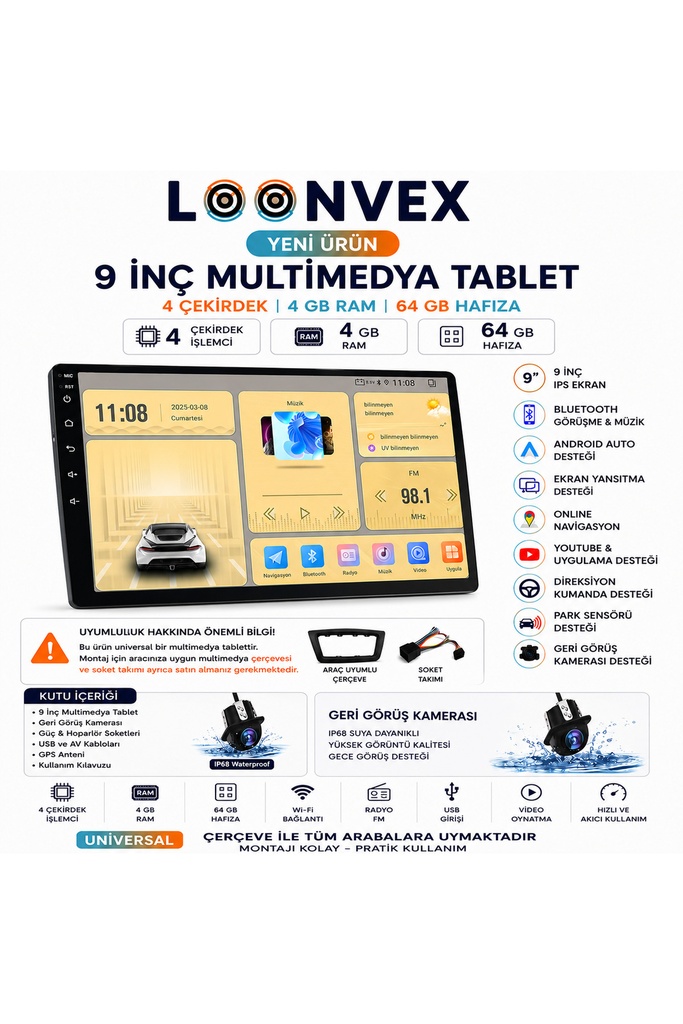 [LX944] Premium 9 İnç Universal Multimedya Ekran 4 Çekirdek 4GB RAM 64GB Hafıza Geri Görüş Kameralı