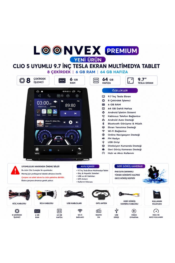 [LXCL5] Premium Renault Clio 5 Icon Touch Joy Paket 9.7 İnç Tesla Multimedya Ekran 8 Çekirdek 6GB RAM 64GB Hafıza