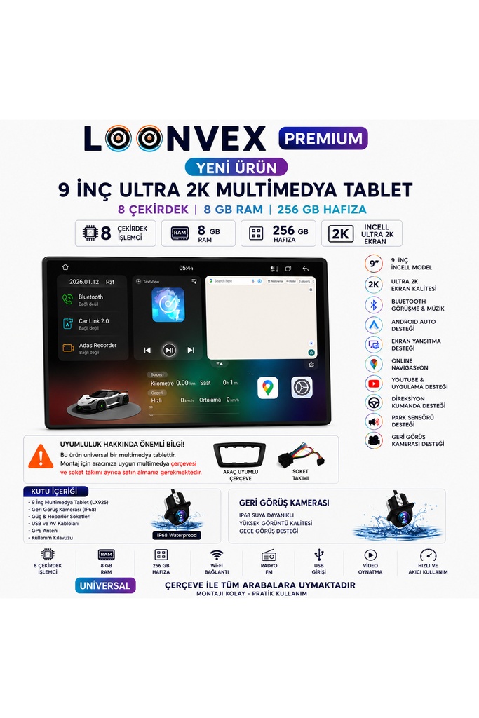 [LX925] Premium LX925 9 İnç Incell Ultra 2K Multimedya Ekran 8 Çekirdek 8GB RAM 256GB Hafıza + Geri Görüş Kamerası