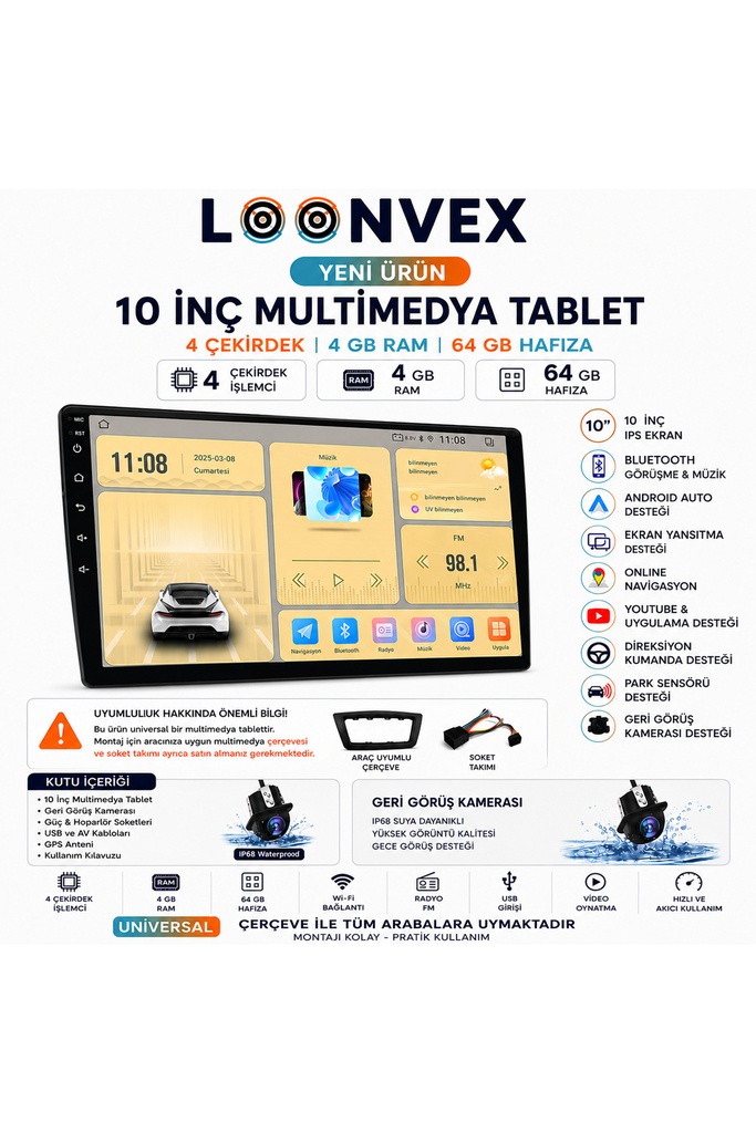 [LX444] Premium 10 İnç Universal Multimedya Ekran 4 Çekirdek 4GB RAM 64GB Hafıza Geri Görüş Kameralı