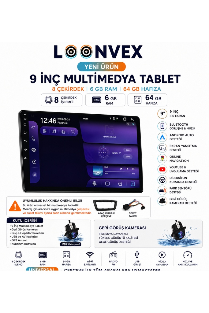 [LX964] Premium 9 İnç Universal Multimedya Tablet Ekran 8 Çekirdek 6GB RAM 64GB Hafıza Geri Görüş Kameralı