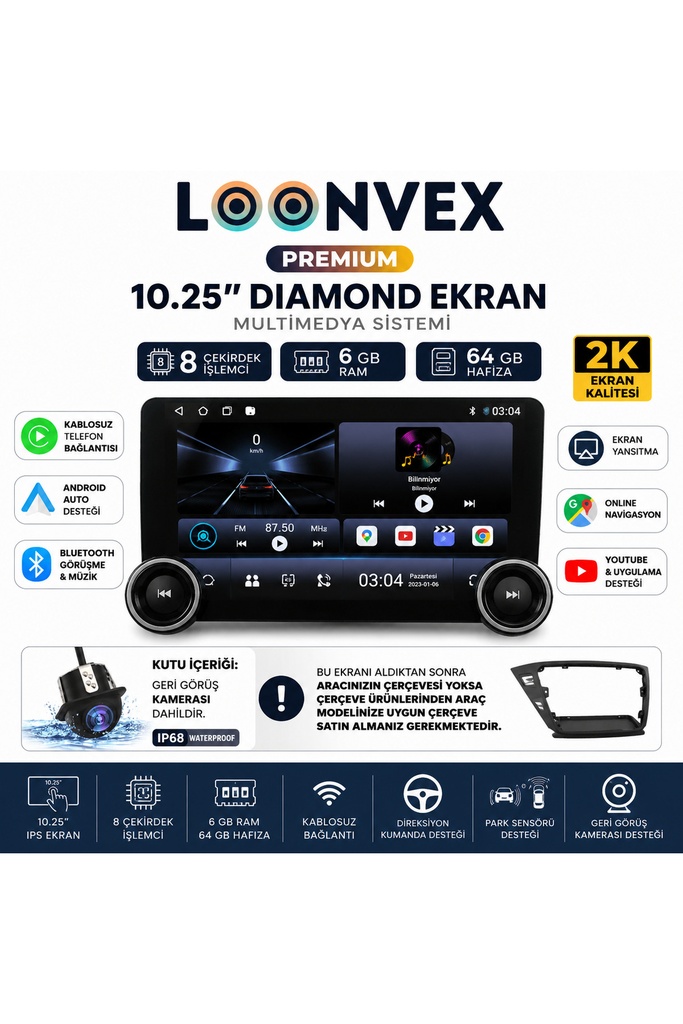 [DX65] Premium 10.25 İnç Diamond 2K Multimedya Ekran 8 Çekirdek 6GB RAM 64GB Hafıza + Geri Görüş Kamerası
