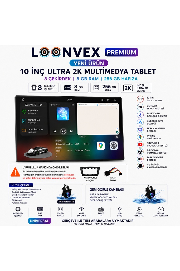 [LX825] Premium LX825 10 İnç Incell Ultra 2K Multimedya Ekran 8 Çekirdek 8GB RAM 256GB Hafıza + Geri Görüş Kamerası
